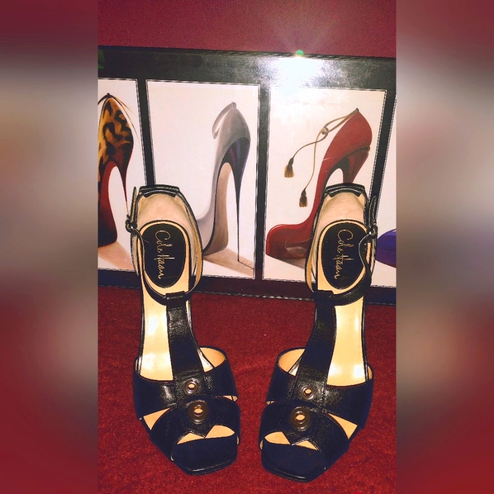 "Cole Haan" Black Leather T-Strap Open Toe Stack Heel Shoes